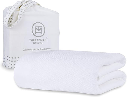 Threadmill Luxury Cotton Blanket for Queen Size Bed | All-Seasons Breathable Oeko TEX 100% Cotton Queen Blanket | Cozy, Soft Fall Thermals fits Full Size Bed, 90x92 inches | White