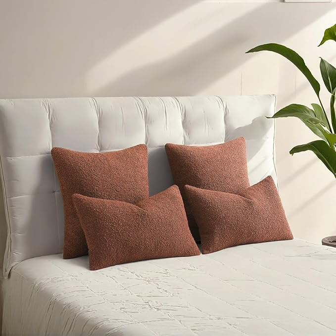 HAUSSY Set of 2 12x20 Decorative Throw Pillow Covers, Soft Cozy Textured Boucle Lumbar Pillow Cases, Home Decor for Couch Bed Living Room, Rust