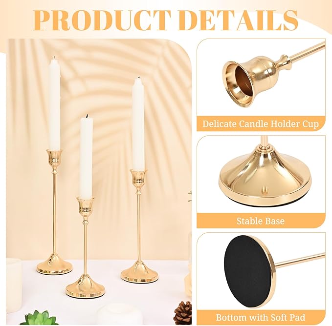 Candlestick Holders 15 PCS, Metal Taper Candle Holder, Gold Candle Holders for Pillar Candles, Vintage Dining Table Centerpiece Decorations for Wedding Party Christmas Halloween Decor