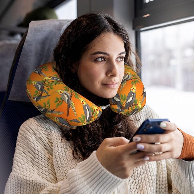 Comfortable Memory Foam Travel Neck Pillow, Funny Chin/Head Cushion Supporting Airplane Car Pillows Yellow Parrots Tree Orange for Sleeping Outdoors Travel Office
