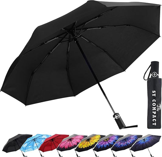 SY COMPACT Travel Umbrella - Windproof Automatic Compact Umbrella, Lightweight Waterproof Design for Backpack, Car & Purse