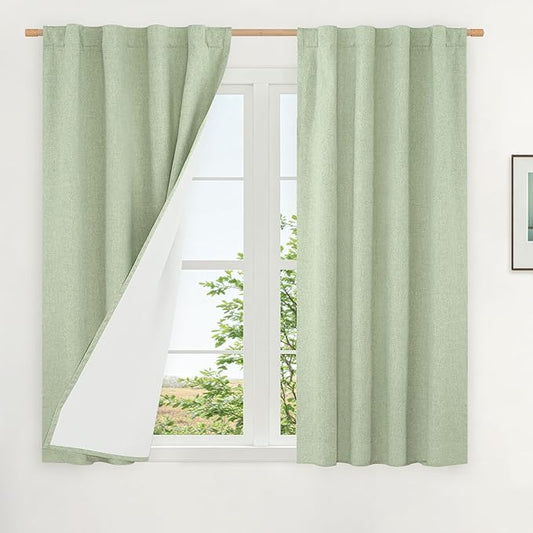 LAMIT Natural 100% Blackout Linen Curtains, 45 Inches Linen Textured Thermal Bedroom Curtains Back Tab and Rod Pocket Neutral Panels with White Liner for Farmhouse, 2 Panels, 38 x 45 Inch, Light Green