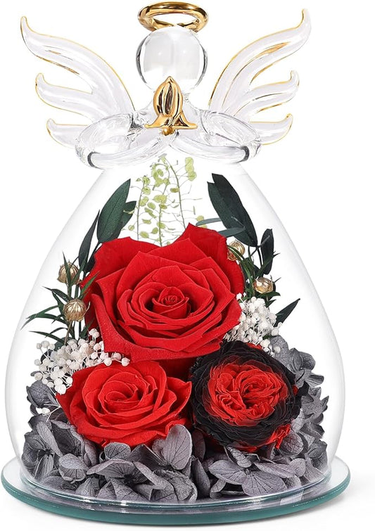FIACO Gifts for Women Preserved Rose Forever Flower in Glass Angel Figurines Fresh Flowers for Delivery Mothers Day Birthday Gifts for Mom Real Roses for Grandma Sister Wife Her from Daughter