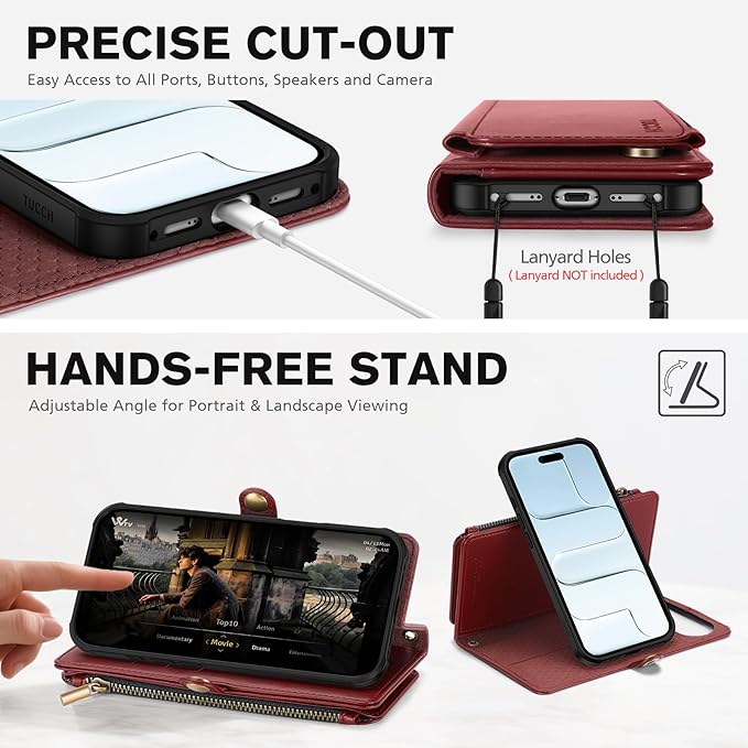 TUCCH Detachable Crossbody Case Wallet for iPhone Air 6.5", Wireless Charging | RFID Blocking 9 Card Holders | Lanyard | Wrist Strap | Stand | Zipper Pocket | PU Leather | Magnetic Cover | Dark Red