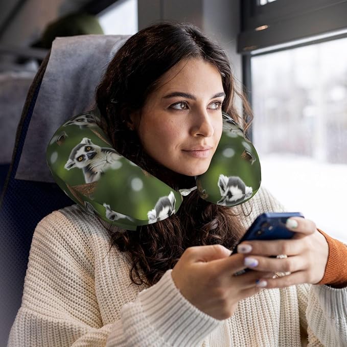 Comfortable Memory Foam Neck Pillow Lemur, Travel U Shaped Airplane/Car/Flight Pillows with Removable Zipper Cover, Chin Head Neck Support Cushion