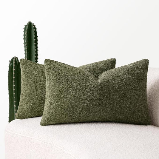 MIULEE 12x20 Inch Decorative Lumbar Throw Pillows for Bed Set of 2 Textured Boucle Neutral Spring Throw Pillow Covers Olive Green Accent Solid Pillowcases Sofa Livingroom Home Decor