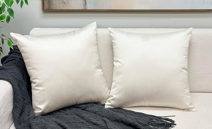 Aiking Home 18x18 Inches Faux Silk Square Throw Pillow Cover, Zipper Closure, Ivory (Set of 2)