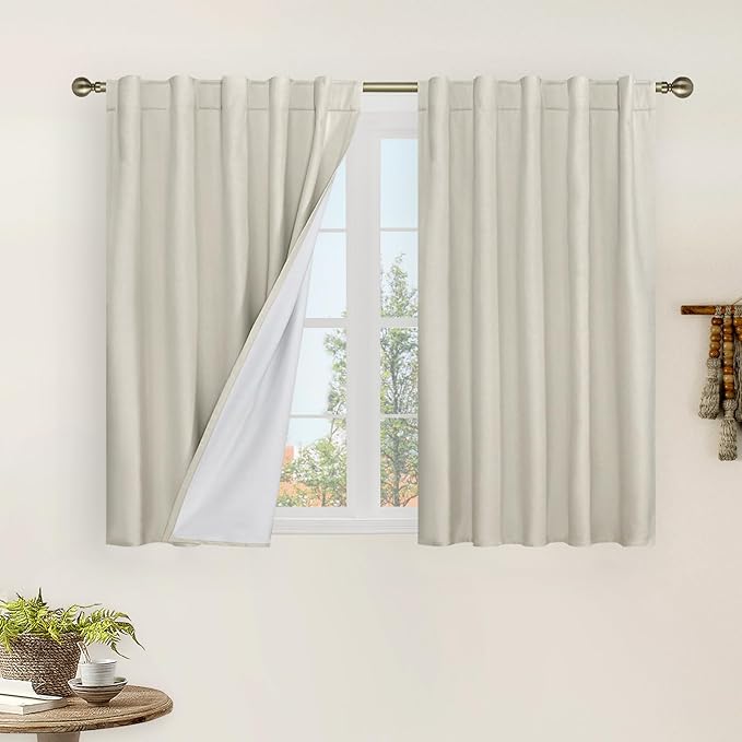 LAMIT 100% Blackout Short Linen Curtains for Cafe, 40 Inch Length Linen Textured Thermal Curtains Back Tab and Rod Pocket Neutral Panels with White Liner for Kitchen, 2 Panels, 42 x 40 Inch, Stone