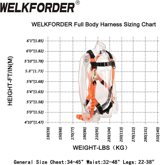 WELKFORDER 1D-Ring Industrial Fall Protection Safety Harness with 6-Foot Shock Absorber Stretchable Lanyard | Permanent attached Kit | ANSI Compliant Personal Fall Arrest System(PFAS)