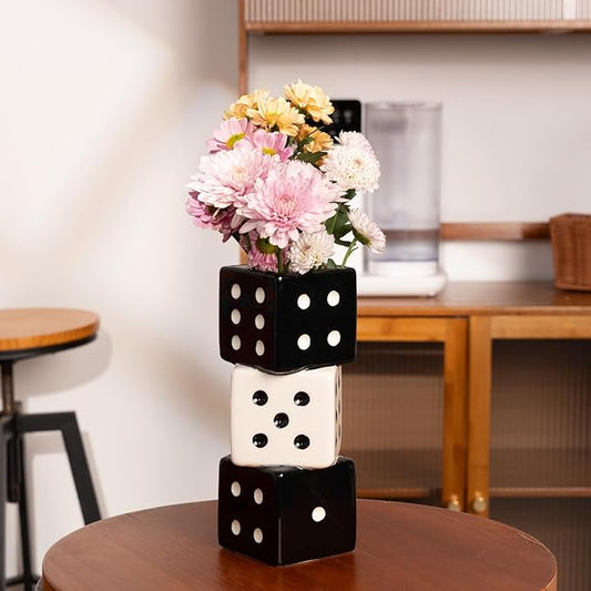 Unique Handmade Dice Vase - Stylish Black & White Ceramic Decor for Home, Bar | Geometric Design Perfect for Fresh, Dried, or Artificial Flowers | Eye-Catching Centerpiece & Decorative Accent