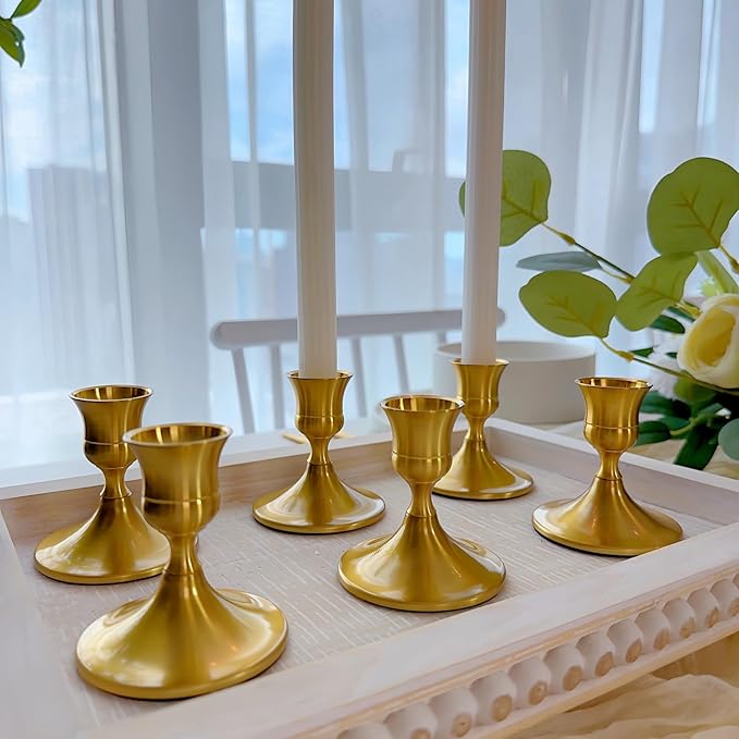 Vintage Brass Gold Taper Candle Holders, Set of 2, Metal Taper Candlestick Holder for Dinner Room Table Centerpiece, Wedding Reception, Festive,Mantel Decoration, Home Decor (Brass Gold, Set of 2)