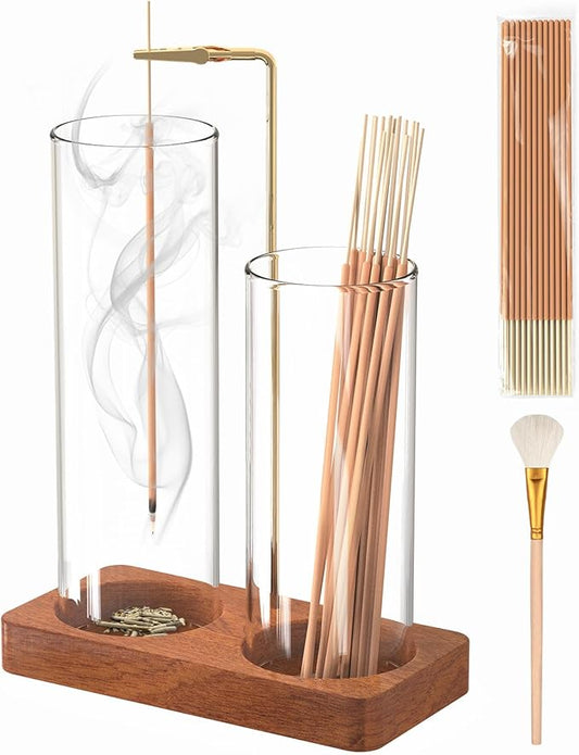 Incense Holder, Large 2 in 1 Incense Sticks Holder, Upside Down Wooden Incense Burner Holder with Glass Ash Catcher & Incense Storage for Meditation Yoga Spa Home Decor, with 20 Incense Sticks & Brush
