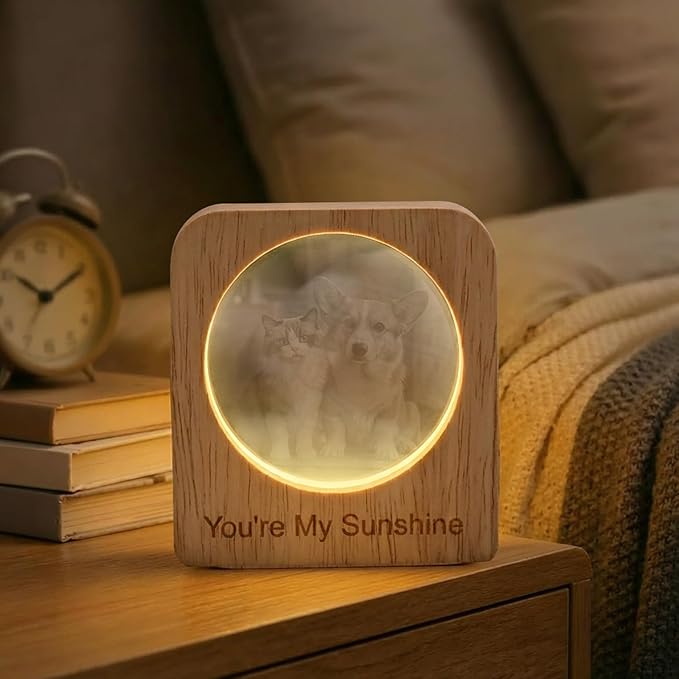 Custom 3D Crystal Photo Night Light Personalized Photo Crystal Ball Engraved Picture Lamp with Wood Base Memorial Gift for Pets Family Couple Birthday Valentine's Day (Style 4)