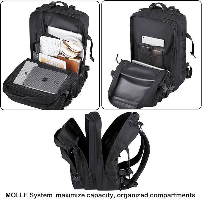 56L Tactical Backpack, Military Molle Backpack Army 3 Day, Waterproof Durable Hiking Rucksack for Men, 24H Outdoor Survival Bug Out Bag for Camping, Travel, Hunting, Camouflage Black
