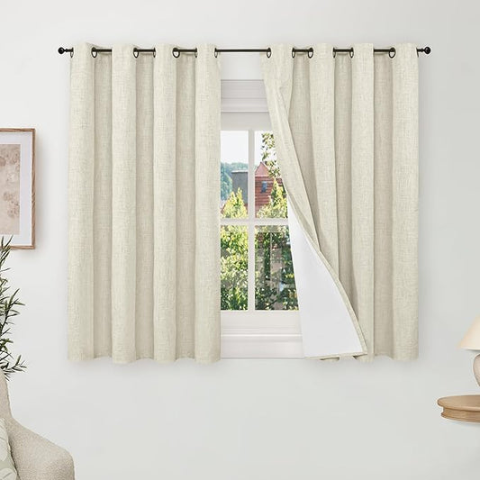 Lajode Blackout Curtains 54 Inch Length 2 Panels for Bedroom, Thermal Insulated Total Light Blocking Noise Reducing Linen Window Curtains for Farmhouse, Bronze Grommet, Natural, Each 52" Wide