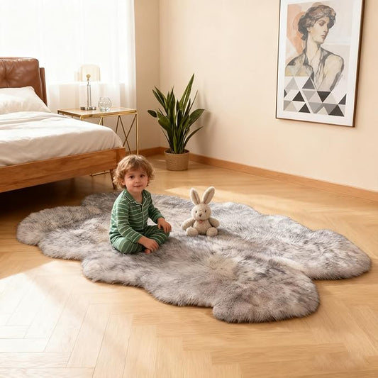 Faux Fur Sheepskin Area Rug for Living Room Bedroom, White with Grey Tips, 4 x 6 Feet Ultra Soft Shaggy Fuzzy Furry Carpet Chair Throw Large Rugs for Kids, Girls, Nursery Room Decor Dorms
