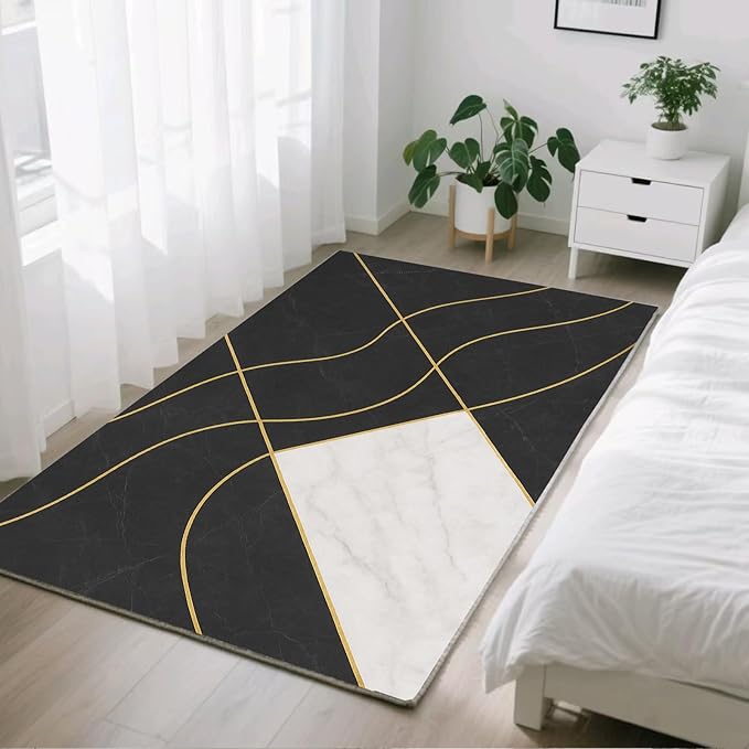 Geometric Marble Rug - 4x5 Rug, Abstract Lines Area Rugs, Luxury Marble Outdoor Rugs, Washable & Non Slip Carpet Home Decor