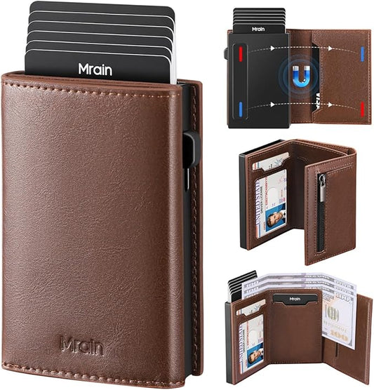 Mrain Mens Minimalist Slim Wallet Card Holder with Coin Pocket, Cash Slot, Magnetic Closure, Pop Up Aluminum Case, ID Window, Leather Wallet, RFID Blocking, 9-13 Card Capacity, Wax Brown