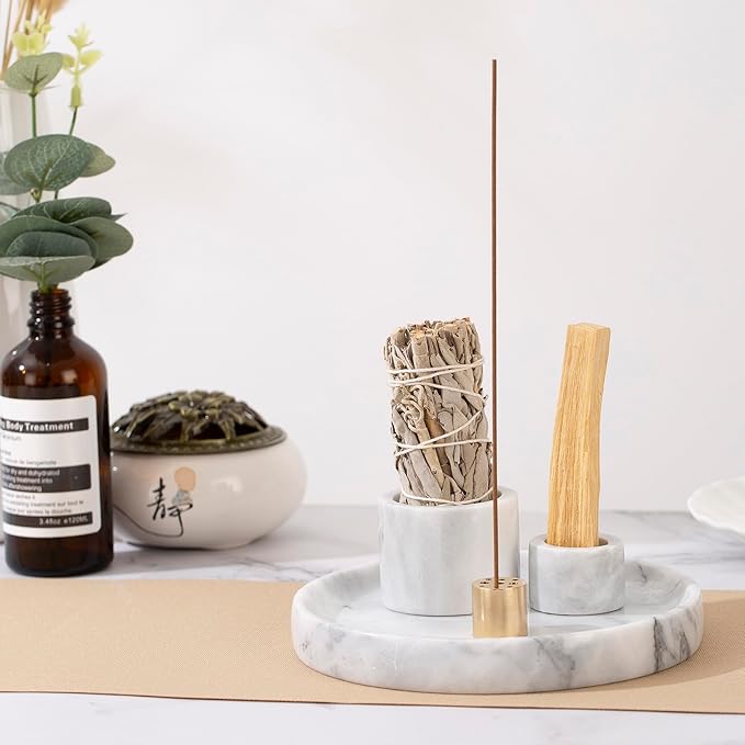 4 in 1 Marble Incense Holder, Natural Marble Incense Burner for Meditation, 9 Incense Holes Suitable for Most Incense Types (White)