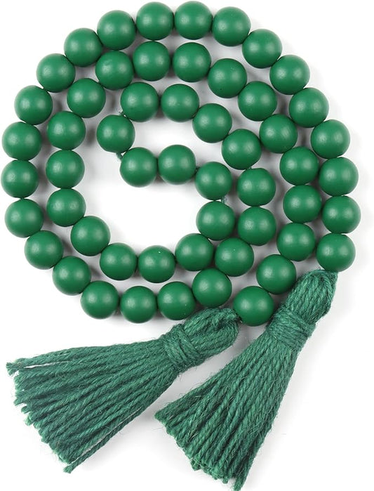 St Patrick's Day Wood Beads Garland with Tassels Farmhouse Beads Rustic Prayer Beads Boho Beads for Boho Home Decor,Wall Hanging Decoration (Deep Green)