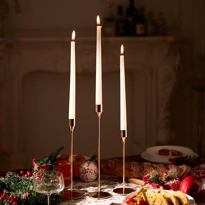 Solid Taper Candle Holders Set of 3, Champagne Gold Long Skinny Candlestick (Heights: 9/11/13 Inch), Heavy Iron Anti-Slip Base for Fireplace Mantle Table Centerpiece Christmas Decor