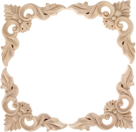 MUXSAM 4Pcs Wood Carved Appliques Onlays, Unpainted Little Wooden Corners Flower Carvings Decals for Mirrors Cabinets Walls Doors Chests Dressers Night Stand DIY Artwork Project, 8x8cm/3.15"x3.15"