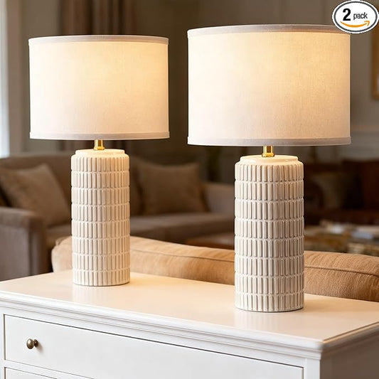 Modern Ceramic Table Lamp Set of 2, Bedside Lamp for Bedroom Decor, Nightstand Lamp with 3 Color Temperatures, Desk Light for Living Room Dorm Office, White