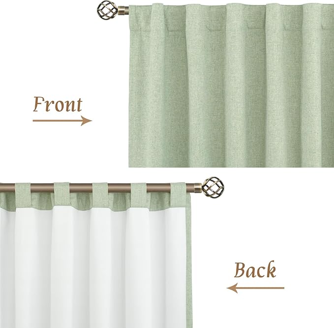 LAMIT 100% Blackout Natural Linen Curtains, 68 Inches Linen Textured Thermal Bedroom Curtains Back Tab and Rod Pocket Neutral Panels with White Liner for Farmhouse, 2 Panels, 52 x 68 Inch, Light Green