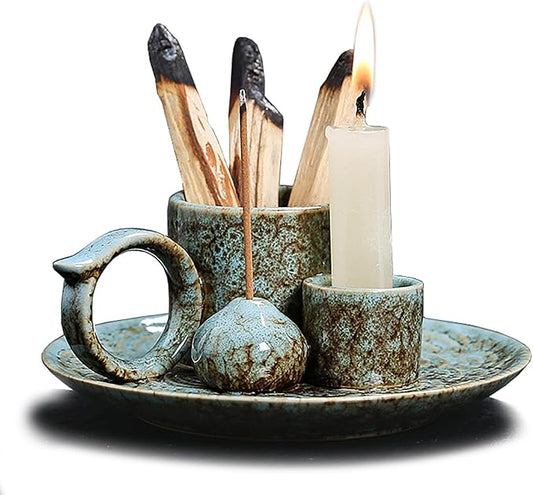 4 in 1 Ceramic Incense Burner Holder with Handle for Burning Sage, Palo Santo Stick, Joss Sticks, Candle in Your New House, Office, Yoga, Meditation Room (Speckled Blue)