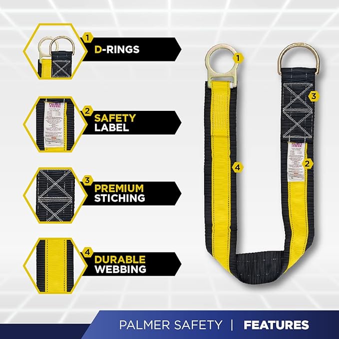 Palmer Safety ATERET Bundle 1D Full Body Safety Harness 6' Safety Lanyard 4' Anchor Strap I OSHA Compliant Arrest Kit I Ideal for Construction & Scaffolding Use