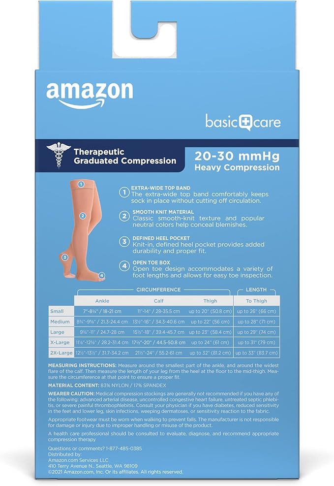 Amazon Basic Care Medical Compression Stockings, 20-30 mmHg Support, Women & Men Thigh Length Hose, Open Toe, Beige, X-Large (Previously NuVein)