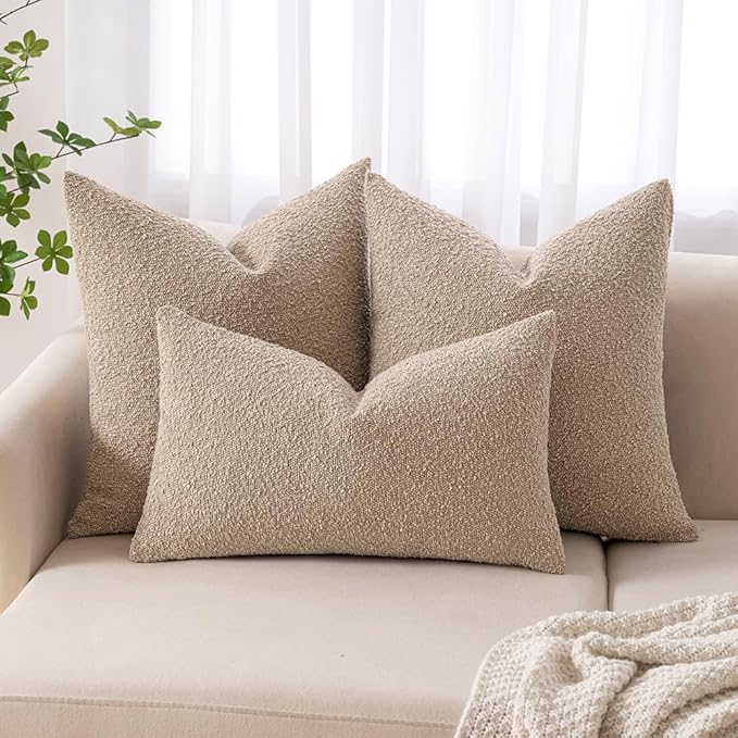MIULEE 12x20 Inch Decorative Lumbar Throw Pillows for Bed Set of 2 Textured Boucle Neutral Winter Throw Pillow Covers Khaki Accent Solid Pillowcases Sofa Livingroom Home Decor