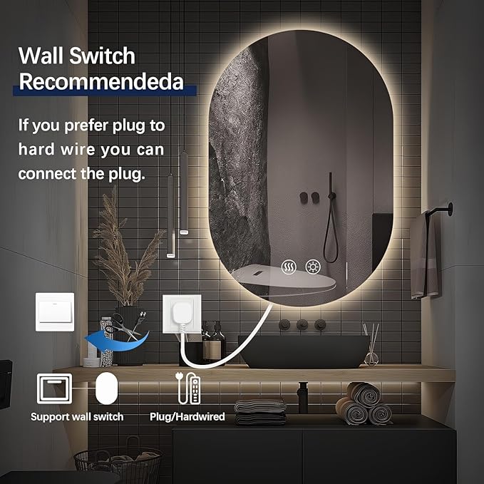 Niccy Oval LED Bathroom Vanity Mirror, 36x24inch Frameless Backlit Mirror with Light, Smart Anti-Fog Waterproof Mirror with Memory Function Dimmable Lighted Mirror