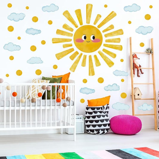 Large Sun Wall Decals Watercolor Cloudy Wall Stickers for Kids Room, Smile Sun Polka Dots Clouds Wall Decor Stickers Peel and Stick Art Murals Decorations for Nursery Classroom Bedroom