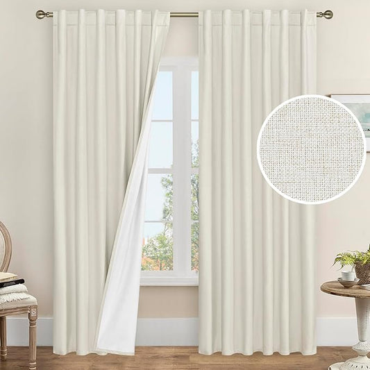 LAMIT 100% Blackout Curtains for Bedroom, 90 Inch Linen Textured Thermal Insulated Living Room Curtains Back Tab and Rod Pocket Farmhouse Neutral Panels with White Liner, 2 Panels, 52 x 90 Inch, Ivory