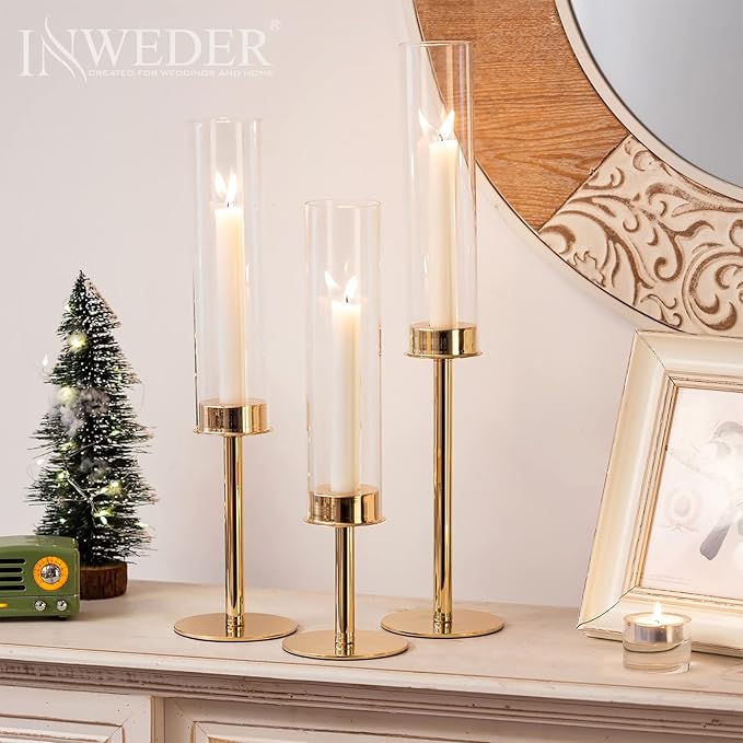 Hurricane Taper Candle Holders: Gold Glass Candlestick Holder Tall Candle Sticks Holder Decor with Glass Cover for Wedding Table Centerpiece Party Birthday Christmas Home Mantel Set of 3