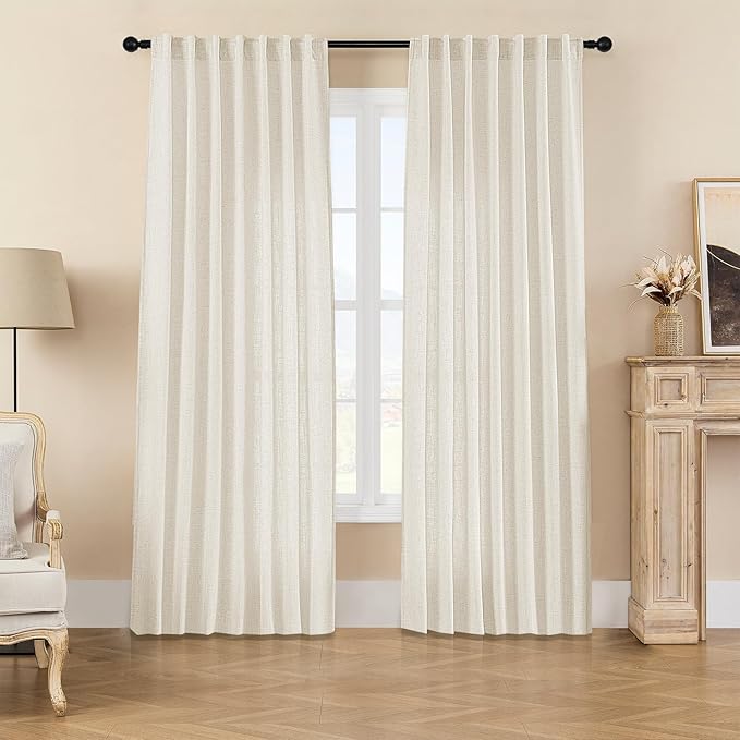Joydeco Linen Curtains 2 Panel Set - Light Filtering, Ivory on Linen, 96 Inch for Living Room, Cream Drapes With Rod Pocket Back Tab (96" L x 37" W)