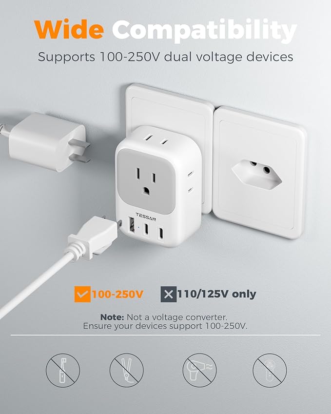 Switzerland Travel Plug Adapter 2 Pack, TESSAN Type J Switzerland Power Adapter with 4 Outlets 3 USB (2 USB-C), Swiss Plug for US to Rwanda Jordan Liechtenstein Madagascar, Travel Essentials