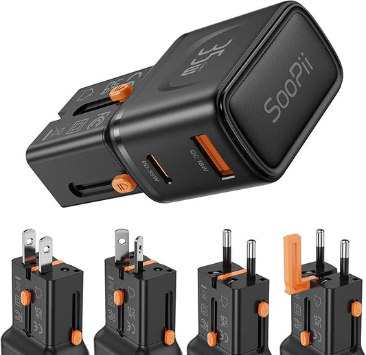 SooPii Gan USB C Charger 35W, 2 Port PD PPS QC Universal Travel Adapter, All-in-One Travel Charger with US UK EU AU Plug Adapter for for Galaxy S25/S24/Note 20, iPhone 16/15/14, iPad, Pixel and More