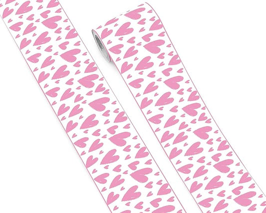 FLFK Pink Heart Wallpaper Border - Peel and Stick Wall Paper, Self Adhesive Removable PVC Borders Sticker, Modern Waterproof Trim for Home Decor, 5" x 240"