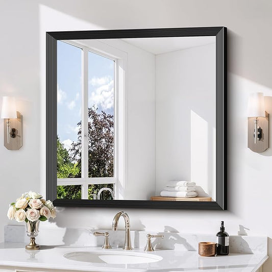 Black Bathroom Mirror 36 x 36 Inch Rectangle Wave Beveled Frame for Wall Bathroom Vanity Mirror for Over Sink, Tempered Glass,for Entryway Hangs, Bathroom Living Room Horizontal or Vertical