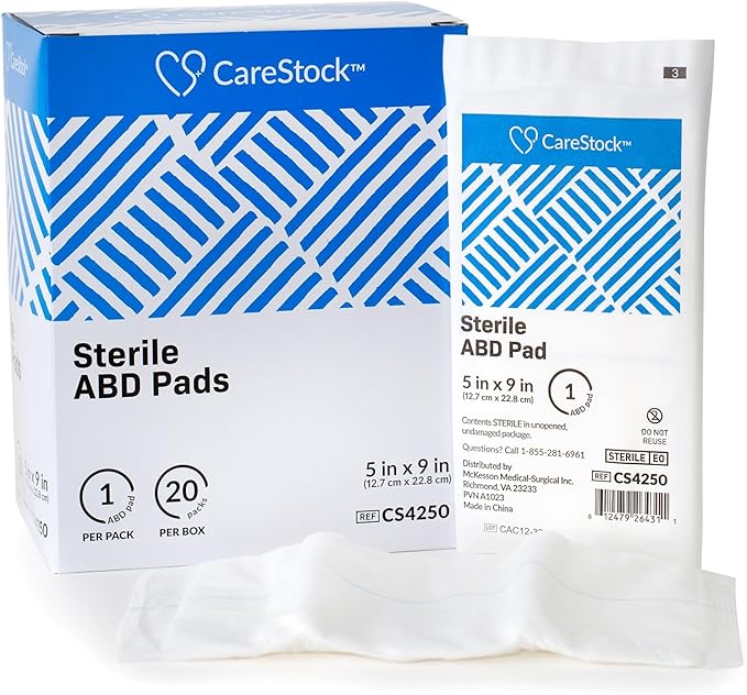 CareStock Abdominal Pads 5x9 in [40-Pack] Sterile ABD Pads, Extra Absorbent, Individually Wrapped, Wound Care First Aid, 20 Count, Pack of 2