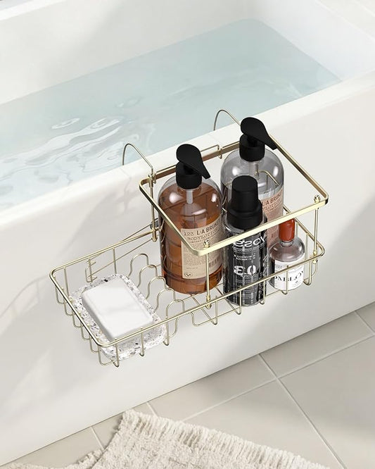 Rustproof Hanging Shower Caddy for Bathtub, Stainless Steel Shower Caddy for Tub Side, Hanging Shower Organizer Basket for Shampoo, Conditioner, Soap & Bath Accessories, Easy Install, Bronze Gold