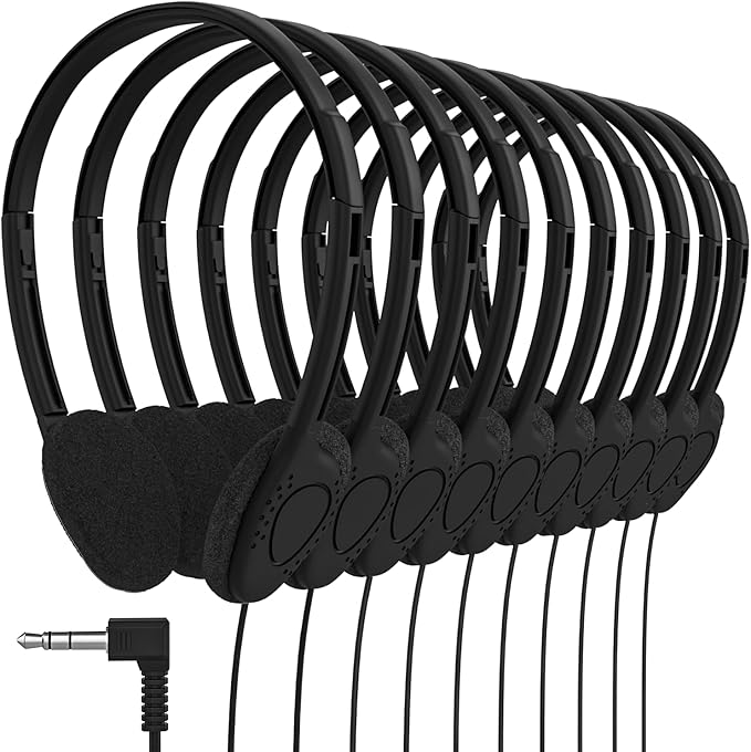 Maeline Bulk Classroom Student Headphones On Ear Stereo Headphones Flexible Adjustable Band for Kids Online Learning, Library, School, Airplane, Travel - 3.5mm Plug - 200 Pack - Black