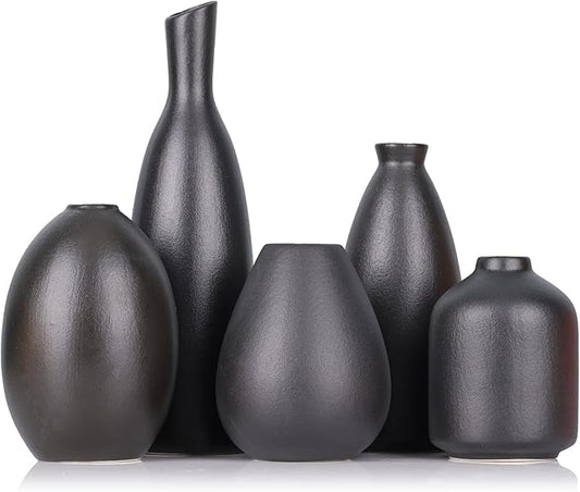 Black Ceramic Bud Vases Set of 5, Farmhouse & Mantle Decor, Home Decoration for Living Room, Kitchen & Office, Coffee Table Decor, Bulk Bud Vases