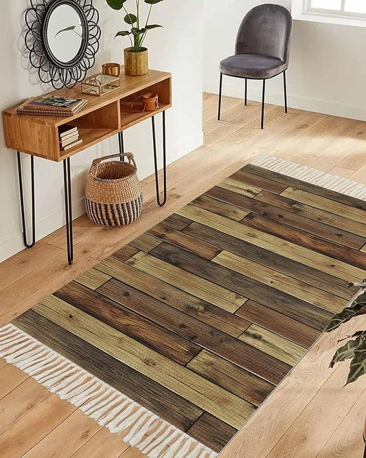 Brown Runner Rug 3X5 Ft Bedroom Area Rug, Washable Woven Vintage Country Wooden Grain Throw Carpet with Tassel, Non-Shedding Farmhouse Cabin Retro Plank Stitching Art Dining Room Living Room Carpets