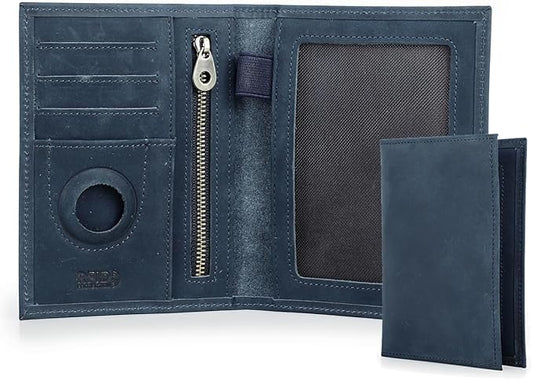 CONTACTS Full Grain Leather Airtag Passport Holder RFID Blocking Travel Passport Wallet Slim Passport Cover Case with 4 Cards Slots, Coin Pocket (Blue)