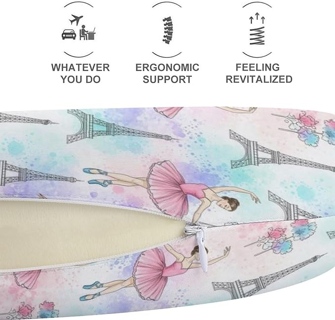 Comfortable Memory Foam Travel Neck Pillow Ballet Dancer Ballerina Eiffel Tower, Washable Removable Cover, Chin Head Support for Airplane Car Office Pain Relief Sleeping