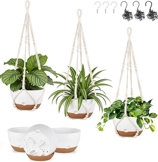 Mkono Set of 3-10 Inch Hanging Planters for Indoor Plants with Self Watering, Outdoor Hanging Plant Pot with Macrame Plant Hangers, 2 Kinds Hanging Basket for Garden Home Ceiling Window Decor