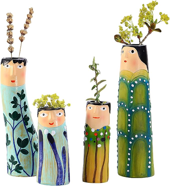 Spring Bud Vases, Bohemian Family Face Vase Boho Cute Home Decor, Character Vase Flower Plant Holder Bathroom Shelf Decor for House Decor Living Room Wedding Centerpieces (D)